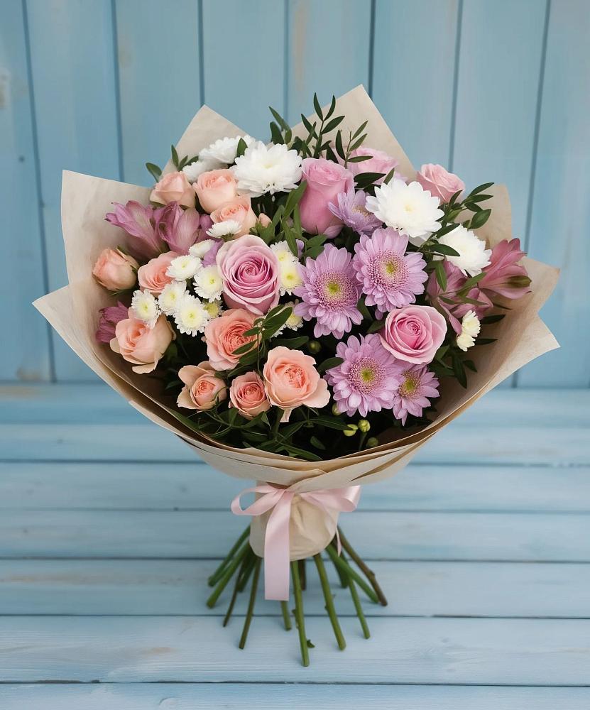 Букет цветов из: Хризантемы, Розы и Альстромерии в Южно-Сахалинске
