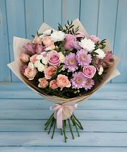 Букет цветов из:  Хризантемы, Розы и Альстромерии в Южно-Сахалинске