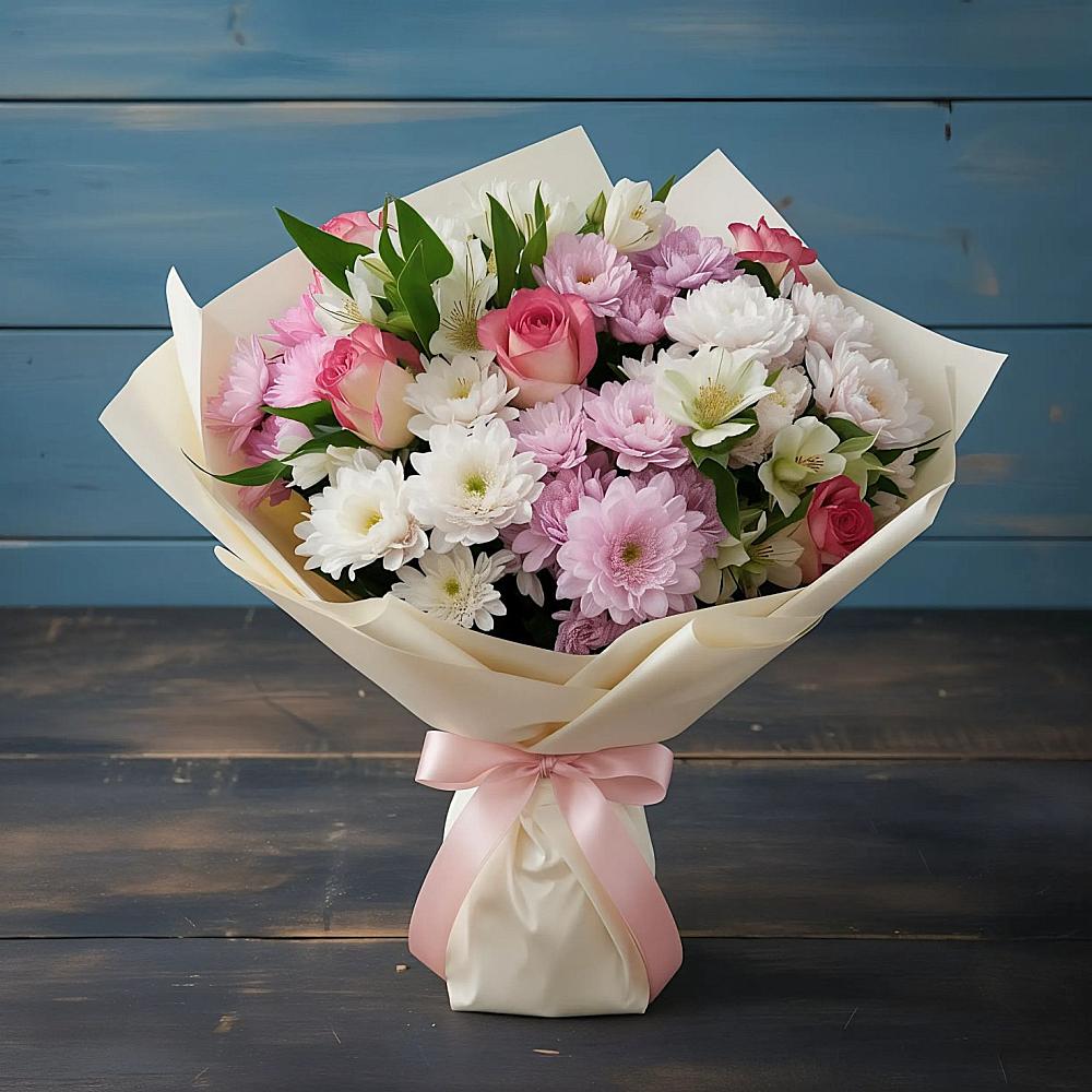 Букет цветов из: Хризантемы, Альстромерии и Розы в Южно-Сахалинске